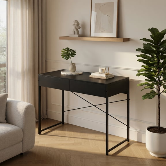 Demi Bonn 44 Inch Computer Desk, X-Shaped Bracket, Anti-Tipping Device, with 2 Drawers and Metal Frame-Black