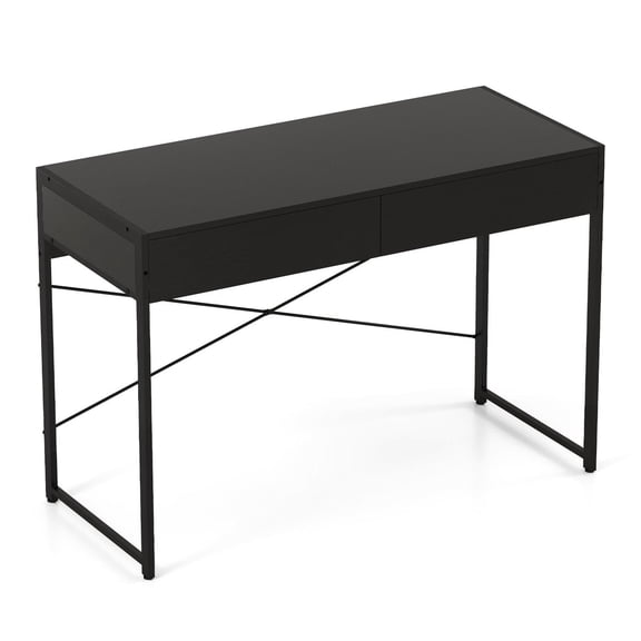 Demi Bonn 44 Inch Computer Desk, X-Shaped Bracket, Anti-Tipping Device, with 2 Drawers and Metal Frame-Black