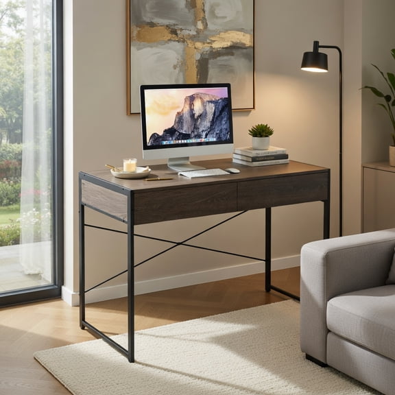 Demi Bonn 44 Inch Computer Desk, X-Shaped Bracket, Smooth Slides, with 2 Drawers and Metal Frame-Oak