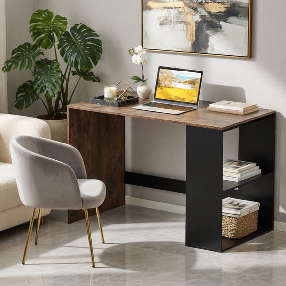 Demi Bonn 44 Inch Wooden Computer Desk with 2-Tier Bookshelf Sturdy Construction Extra Crossbar Stability Protective Foot Pads Small Space Home Office Study Desk, Rustic Brown and Black