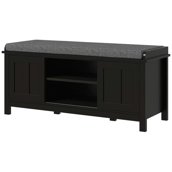 Demi Bonn 44" Modern Storage Ottoman Bench, Entryway Bench with Pillow, 2-Sided Doors, 10 Pairs Capacity for Home Organization, Black