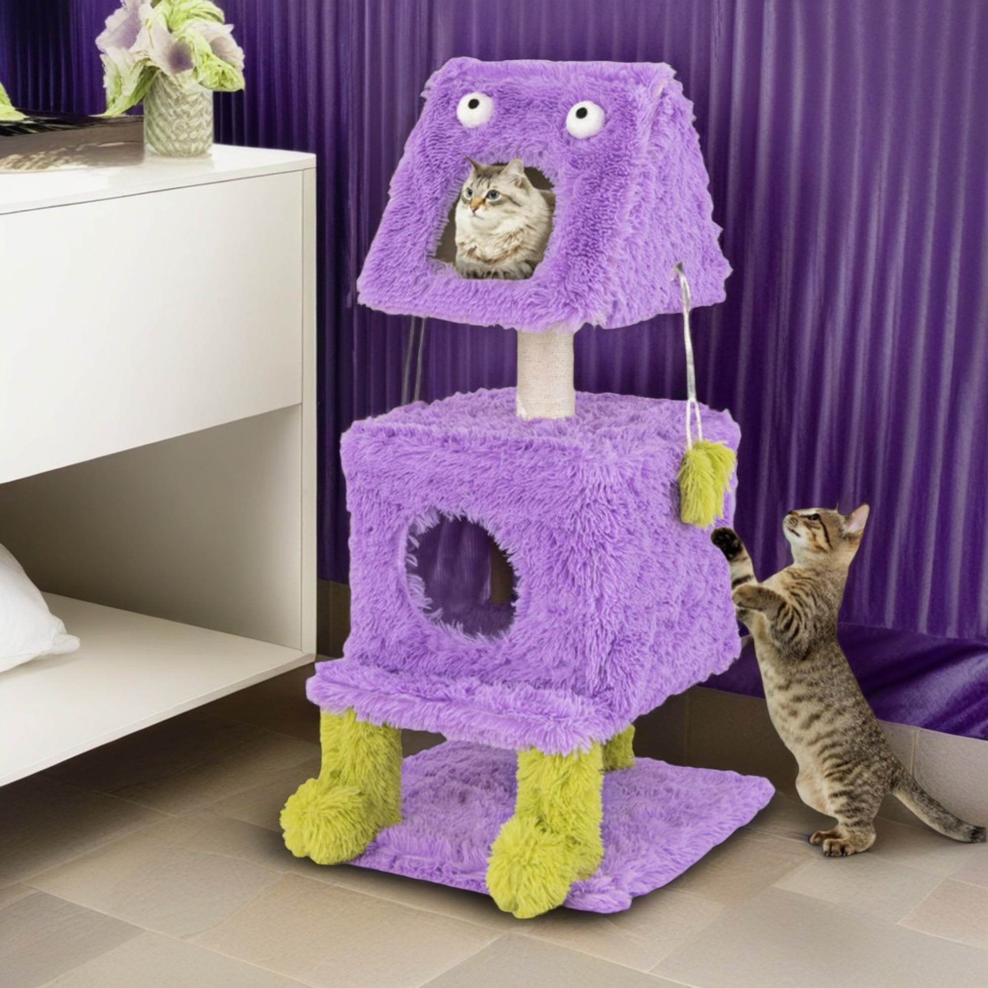 resenkos 44" Monster-Themed Cat Tree Tower with 2 Condo, Kitten Plush Habitat with Scratch Posts Toy Cat Tree House, Purple