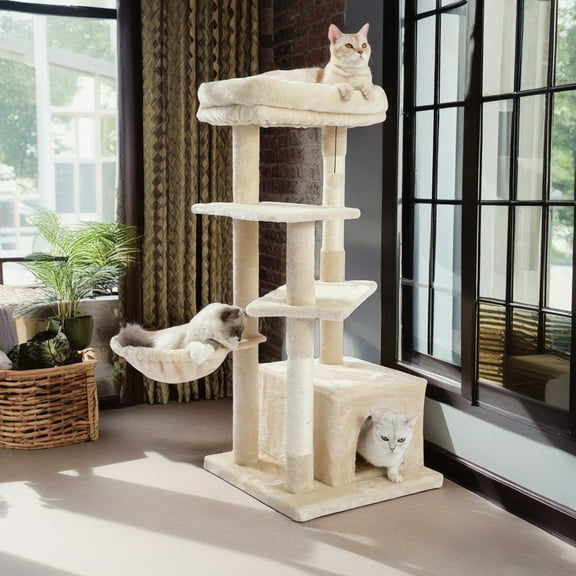 Demi Bonn 44" Multi-Level Cat Tree Tower Cat Condo with Scratching Posts, Jump Platform Top Perch, Hammock and Dangling Ball, Beige