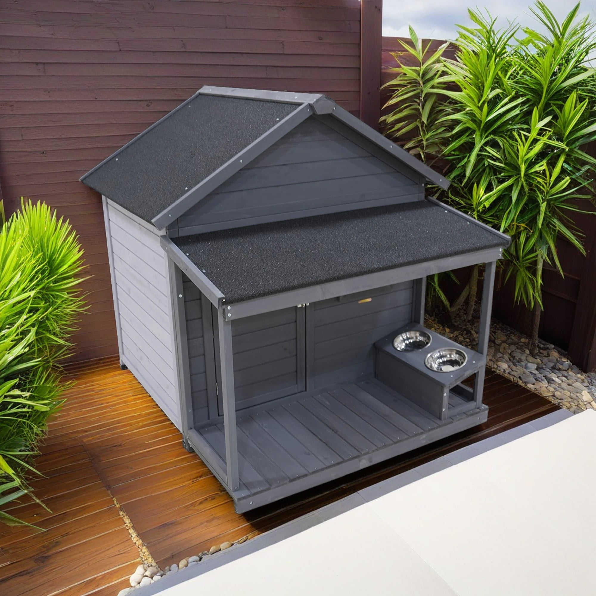 Demi Bonn 44" Outdoor Dog House, Waterproof Puppy Shelter Indoor Doghouse with Elevated Floor, Kennel for Small Medium Dogs with Small Doors that Can Be Locked, Gray