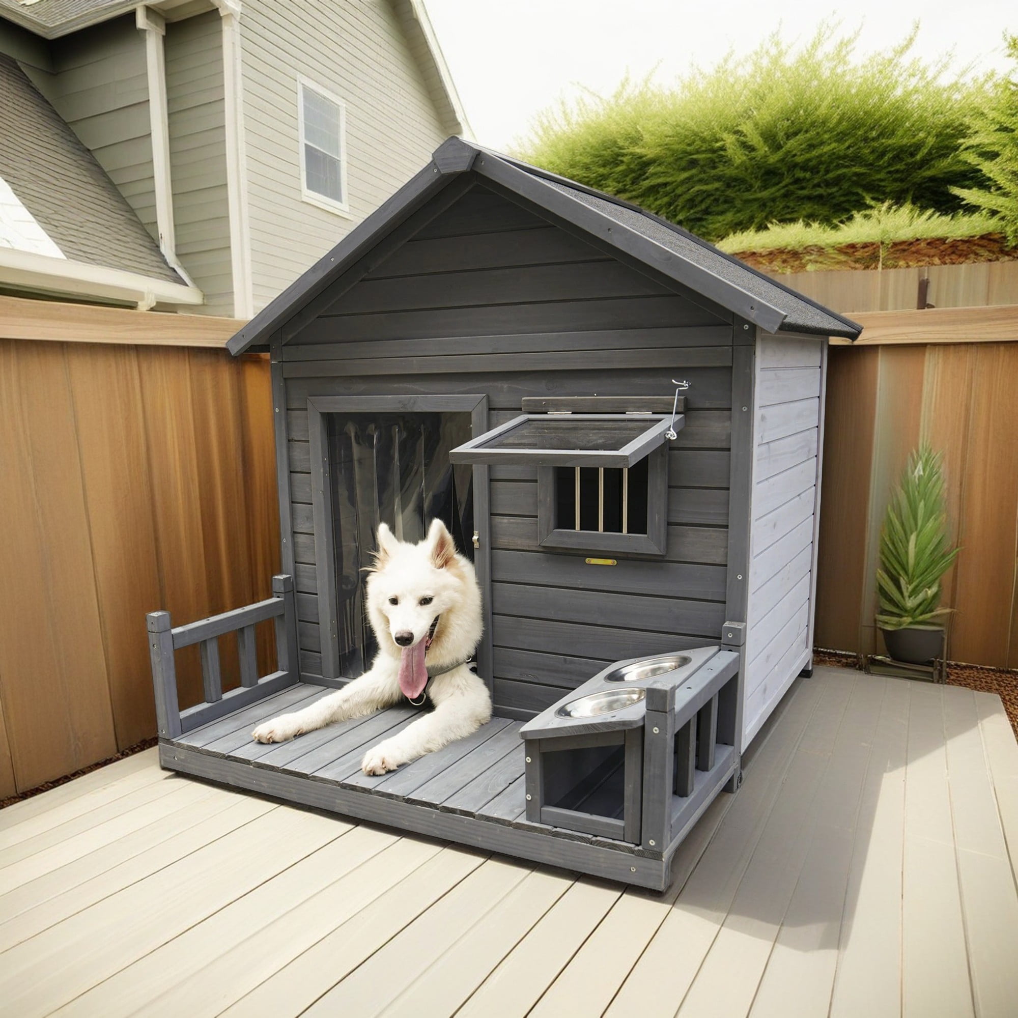 Demi Bonn 44" Outdoor Dog House, Waterproof Puppy Shelter Indoor Doghouse with Elevated Floor, Kennel for Small Medium Dogs with Porch, Gray