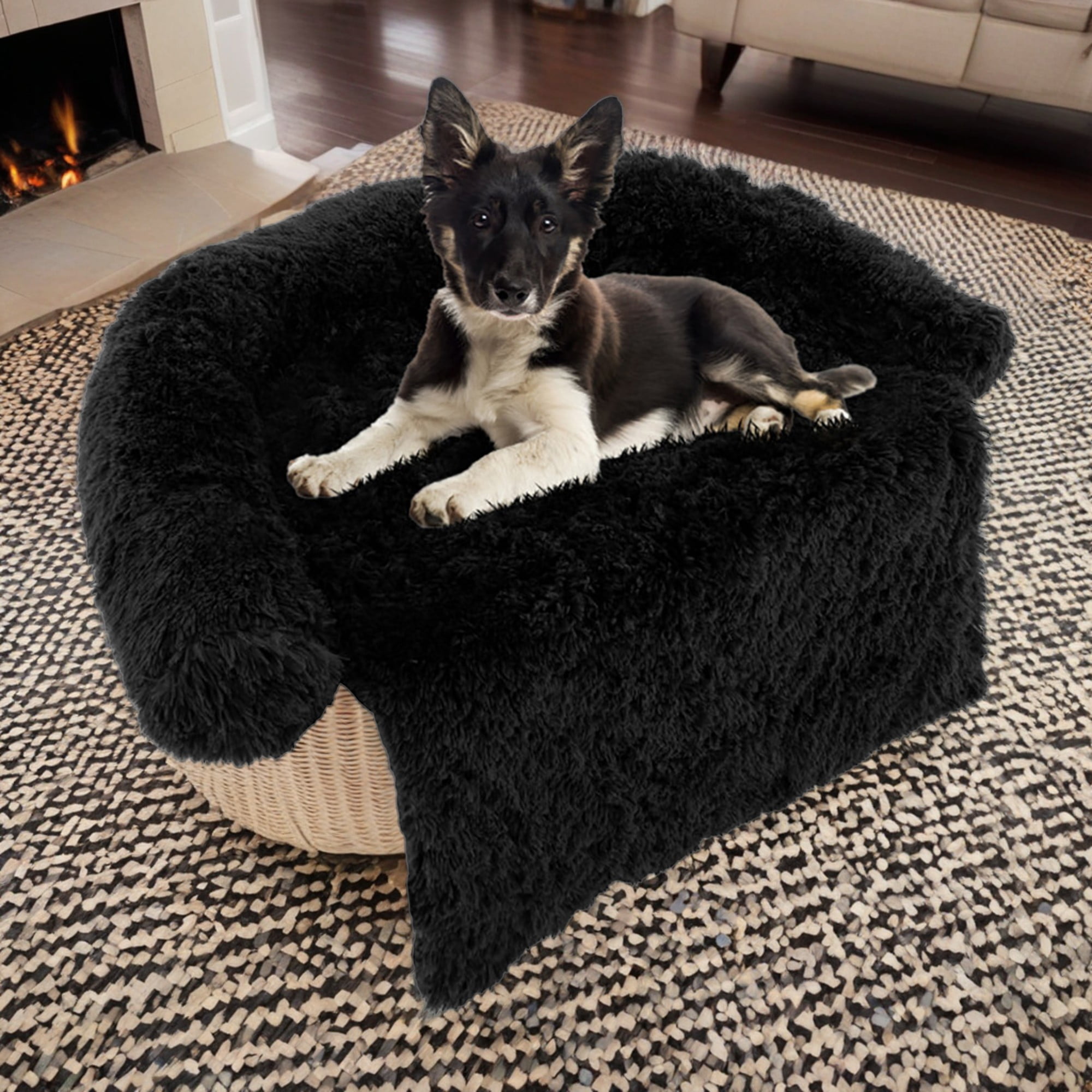 Kadyn 44" Plush Long Fur Dog Couch Bed, Dog Bed Mats with Anti-Slip Bottom, Washable Removable Couch Cover, Perfect for Small, Medium Dogs Cats, Black-M