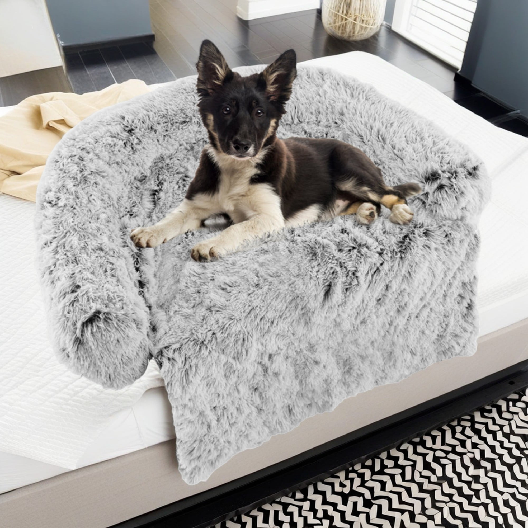 Kadyn 44" Plush Long Fur Dog Couch Bed, Dog Bed Mats with Anti-Slip Bottom, Washable Removable Couch Cover, Perfect for Small, Medium Dogs Cats, Gray-M