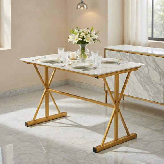 Demi Bonn 44" Sintered Stone Dining Table,X-Shaped Metal Frame,Heat/Scratch-Resistant,Golden & White