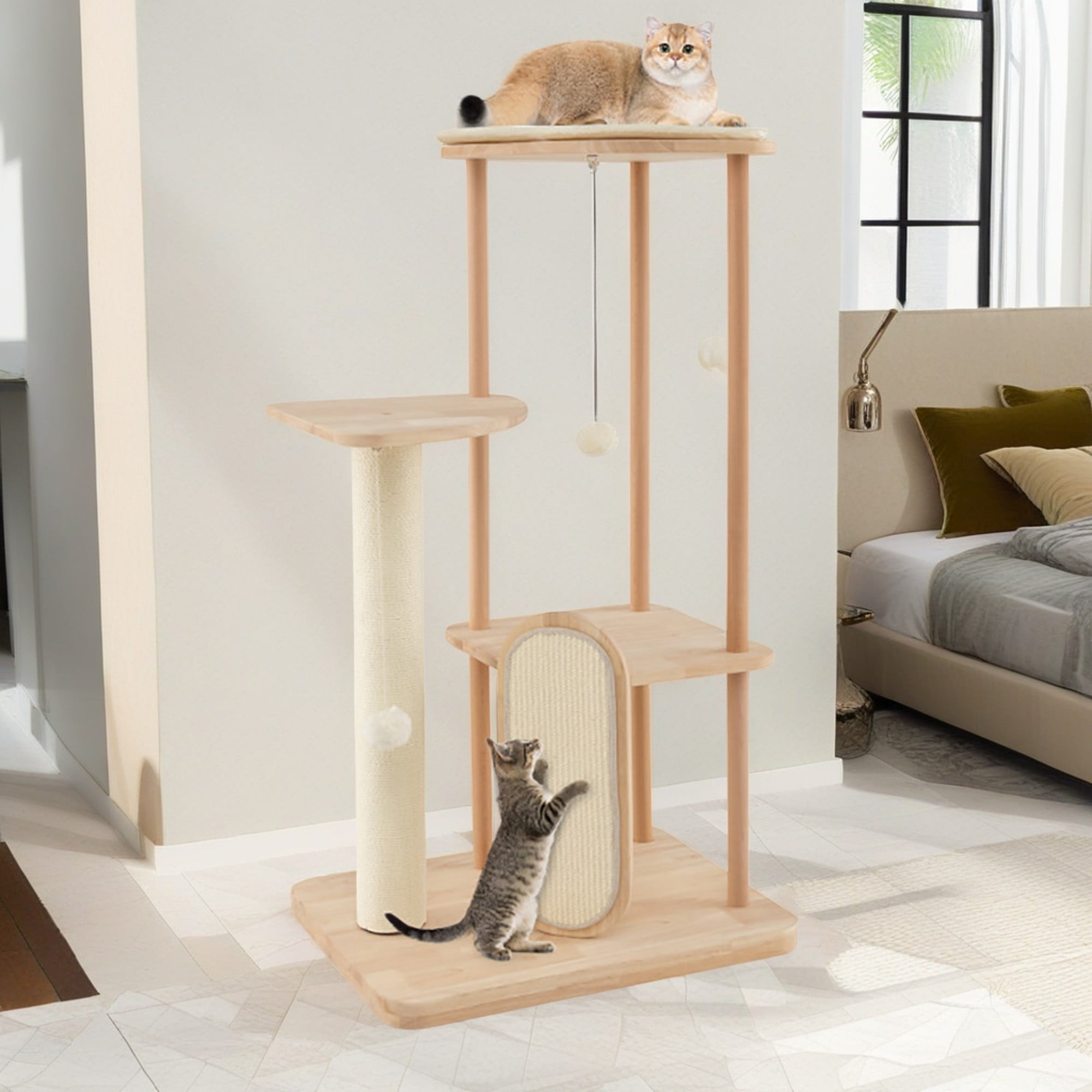 resenkos 44" Wood Cat Tree Tower Furniture, Cat Condo with Scratching Board and Post for Kittens Cat Tree House, Beige