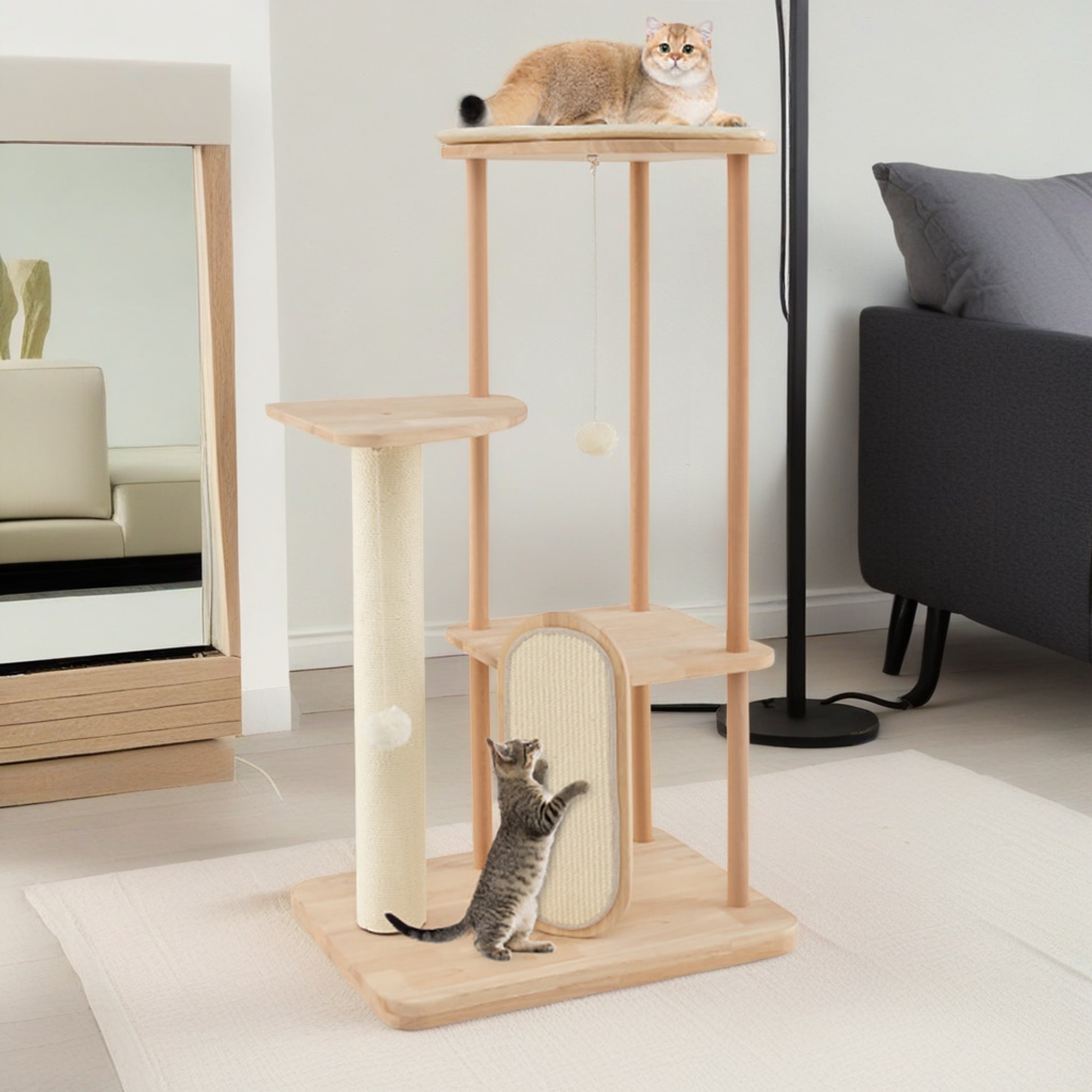 resenkos 44" Wood Cat Tree Tower for Indoor Cats, Multi-Level Cat Condo with Scratching Board and Posts, Removable Soft Mat, Beige