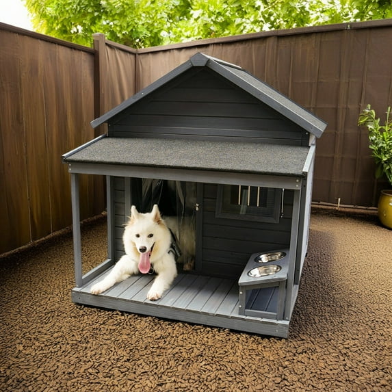 Demi Bonn 44" Wooden Dog House Outdoor Large Dog Kennel Weatherproof with Cleaning Mat, Terrace for Small to Medium Dogs, Gray