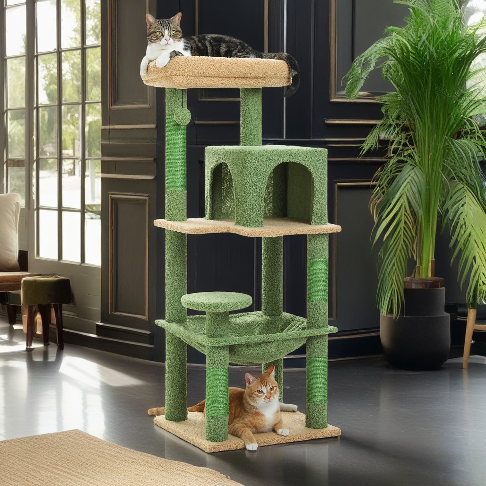 Kadyn 45" Cat Tree Tower for Indoor Cats, 5-Level Cat Condo for Large Cats with Large Hammock, Big Top Perch and 4 Sisal Covered Scratching Pos, Green
