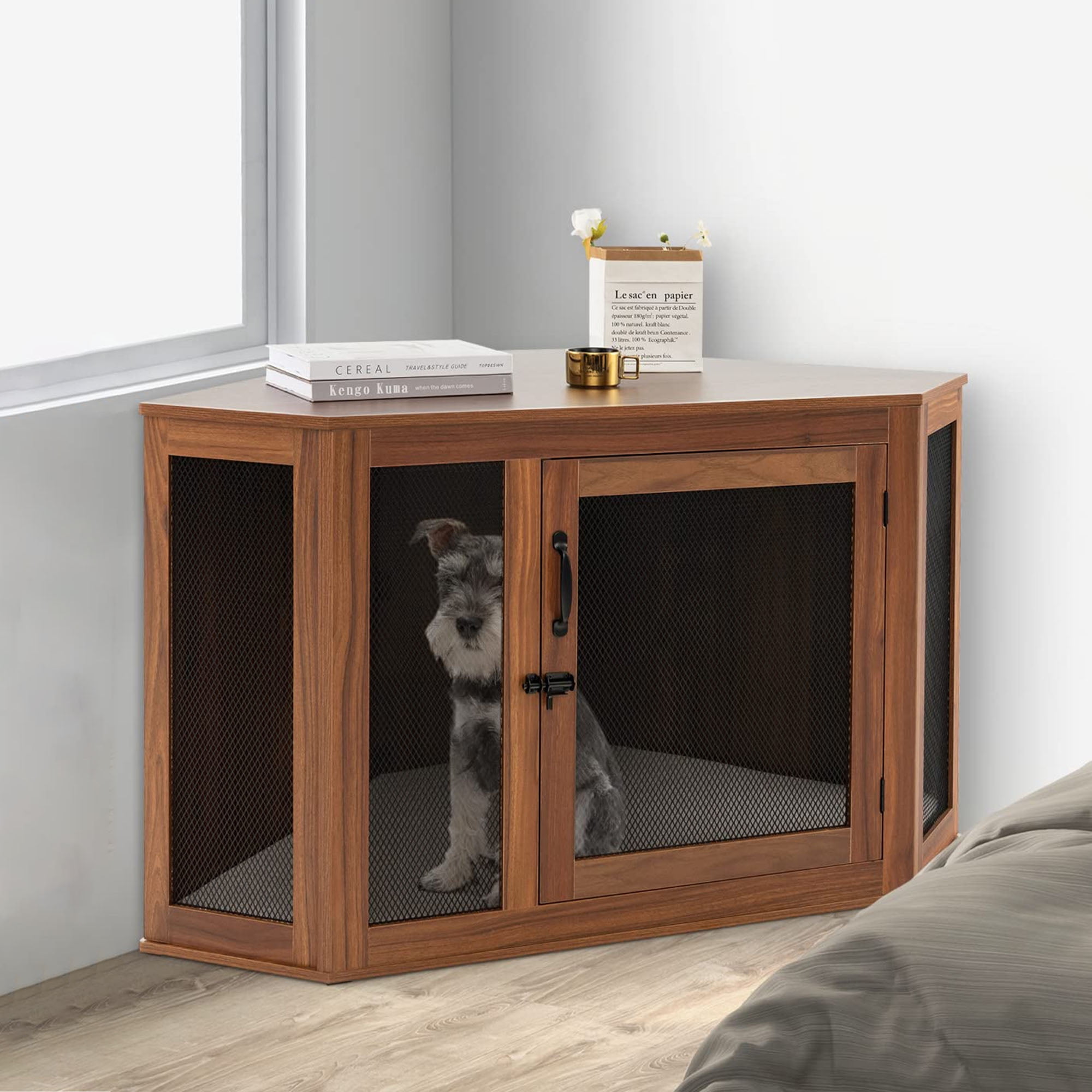 Kadyn 45" Dog Crate Furniture for Small Dogs with Door Lock and Cushion, Corner Fence Dog Cage for Indoor Dogs, Brown