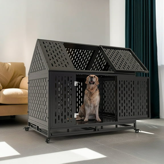 Demi Bonn 45" Heavy Duty Metal Dog Crate with 4 Universal Wheels, Dog Kennel for High Anxiety Large/Extra Dogs, Indoor Large Dog Cage, Black