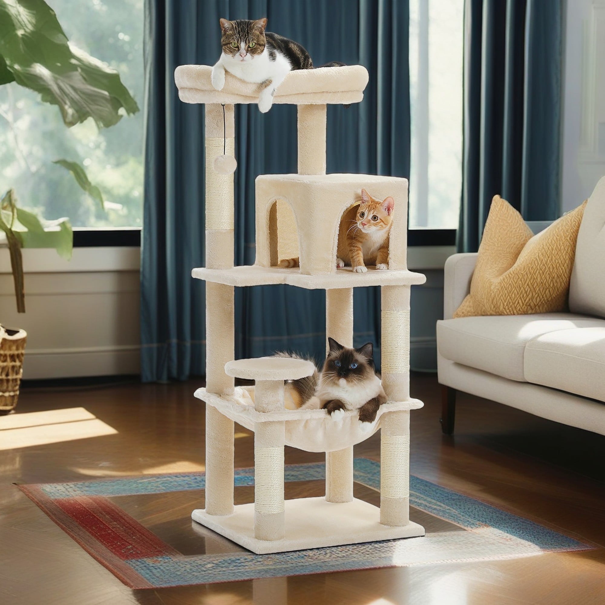 Kadyn 45" Modern Cat Tree House, Cat Condo for Indoor Cats, Activity Center Cat Scratching Tower for Kittens Toy, Beige