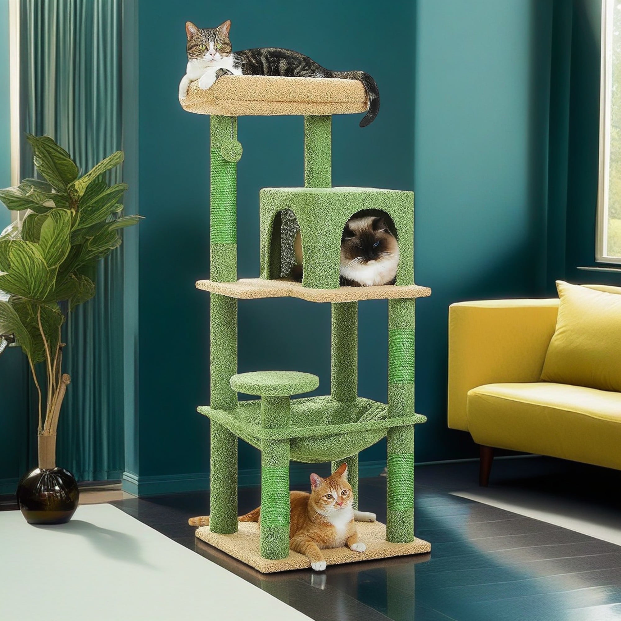 Kadyn 45" Modern Cat Tree House, Cat Condo for Indoor Cats, Activity Center Cat Scratching Tower for Kittens Toy, Green