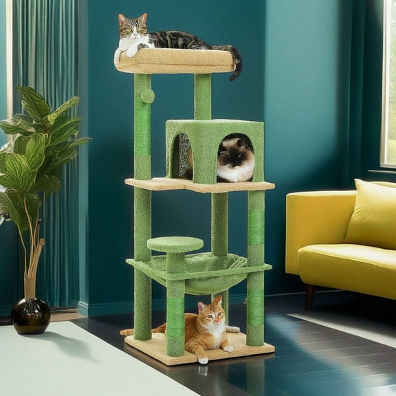 Demi Bonn 45" Modern Cat Tree House, Cat Condo for Indoor Cats, Activity Center Cat Scratching Tower for Kittens Toy, Green