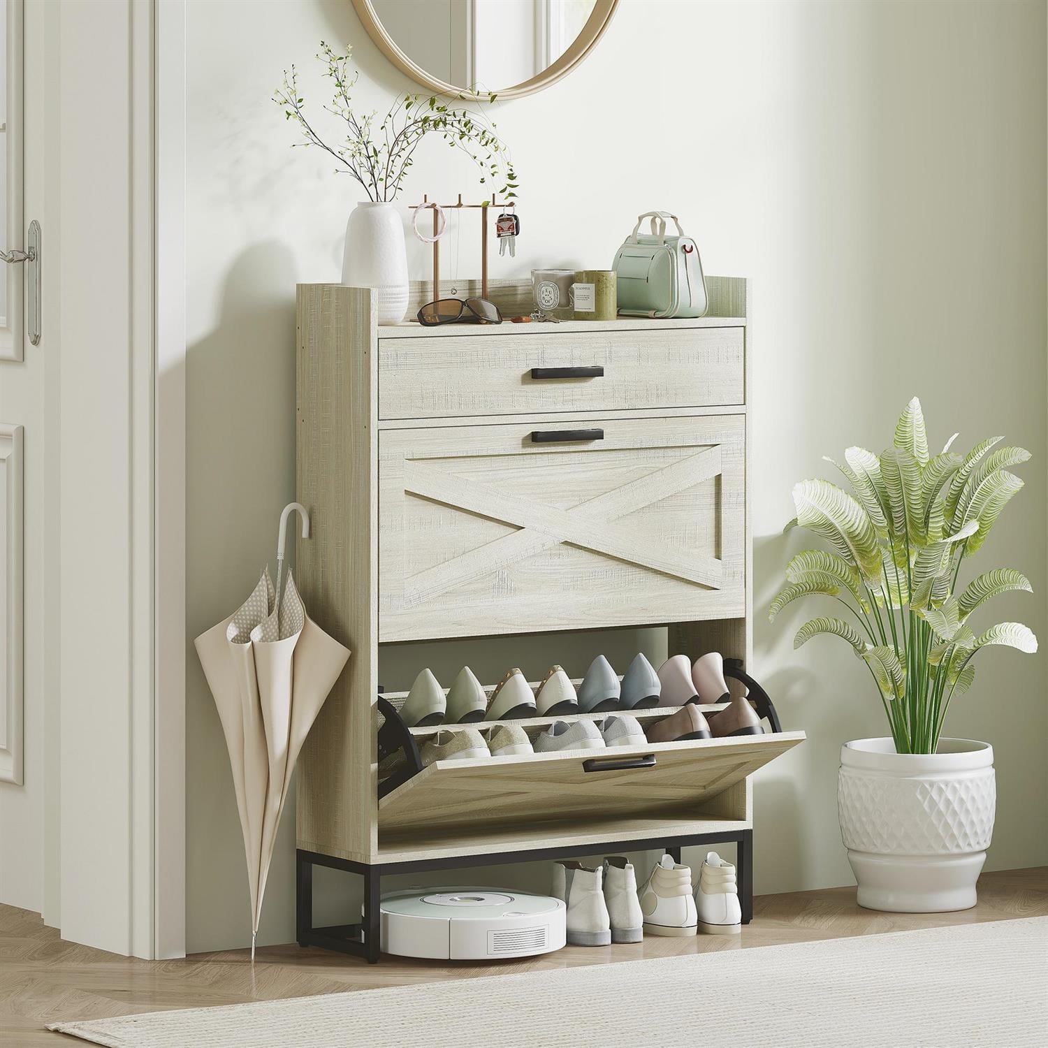 Demi Bonn 45" Shoe Storage Cabinet with Flip Drawers and Adjustable Shelves for Entryways & Hallways, Beige