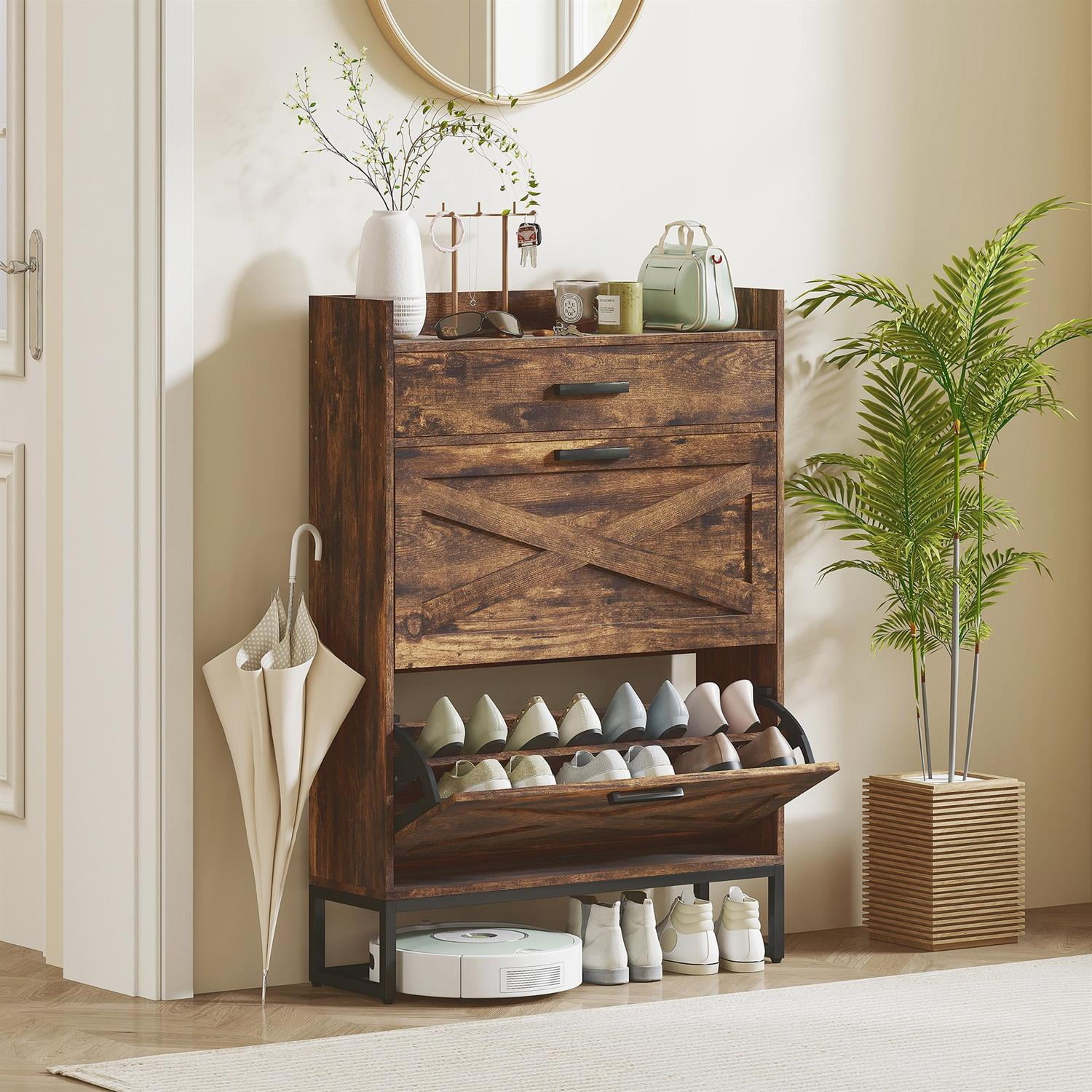 Demi Bonn 45" Shoe Storage Cabinet with Flip Drawers and Adjustable Shelves for Entryways & Hallways, Brown