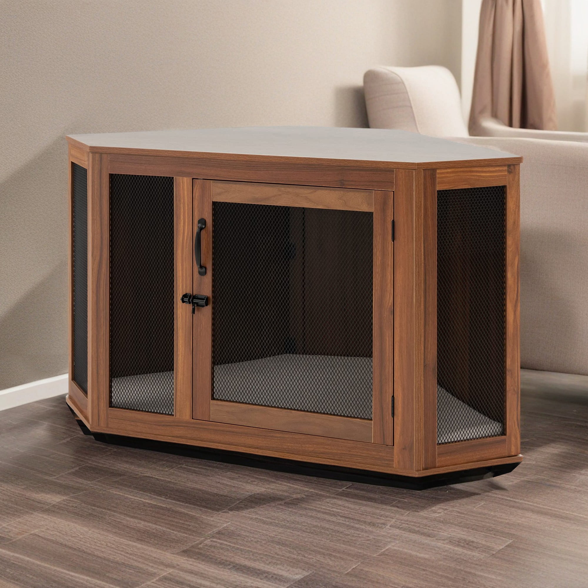 resenkos 45" Wood Dog Crate Furniture with Door Lock and Cushion, Indoor Decorative Iron Fence Dog Cage for Small Dogs, Brown
