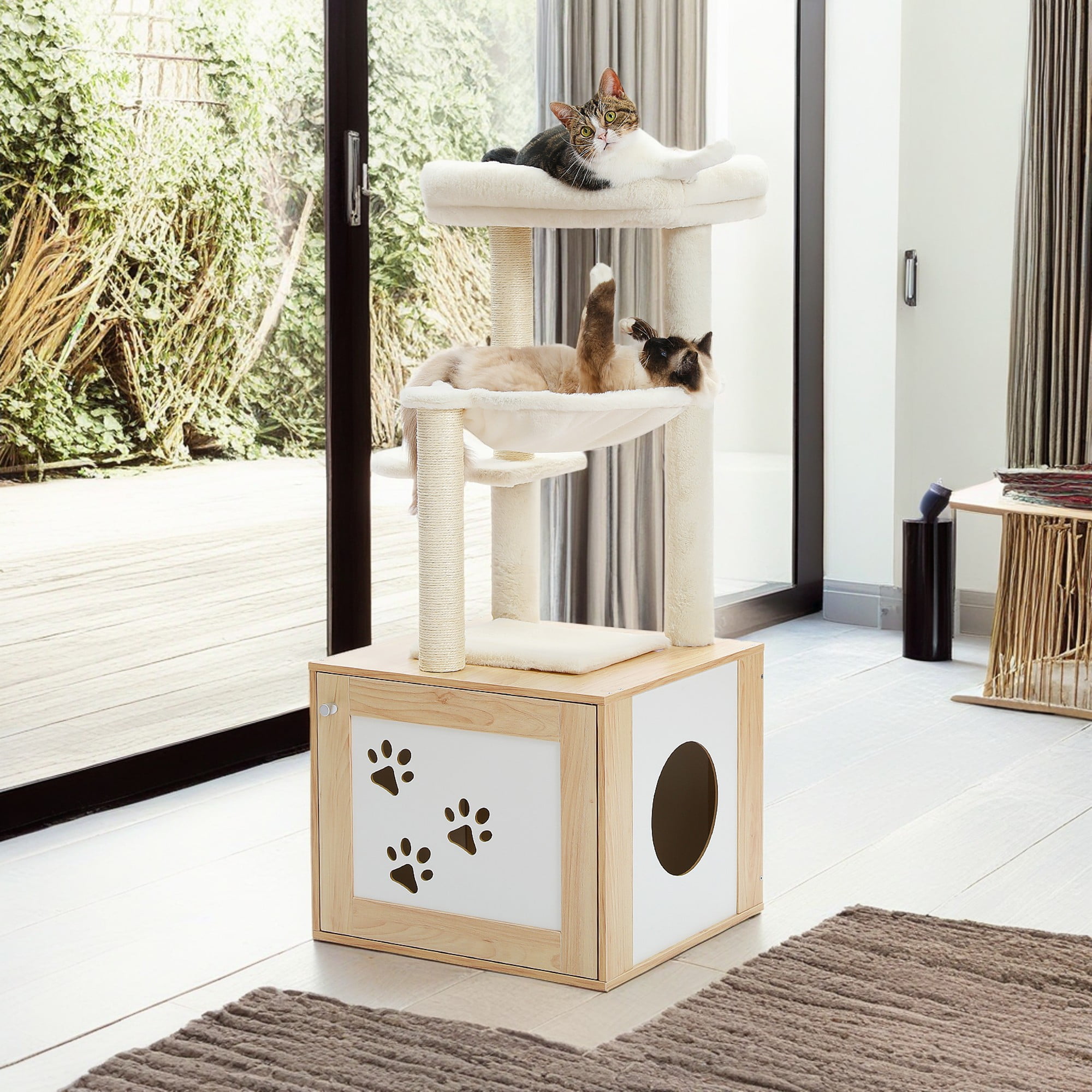 Kadyn 46" Cat Tree Tower with Litter Box Enclosure, Wood Cat Condo with Hammock, Cat Scratching Posts, Removable Top Perch, Beige