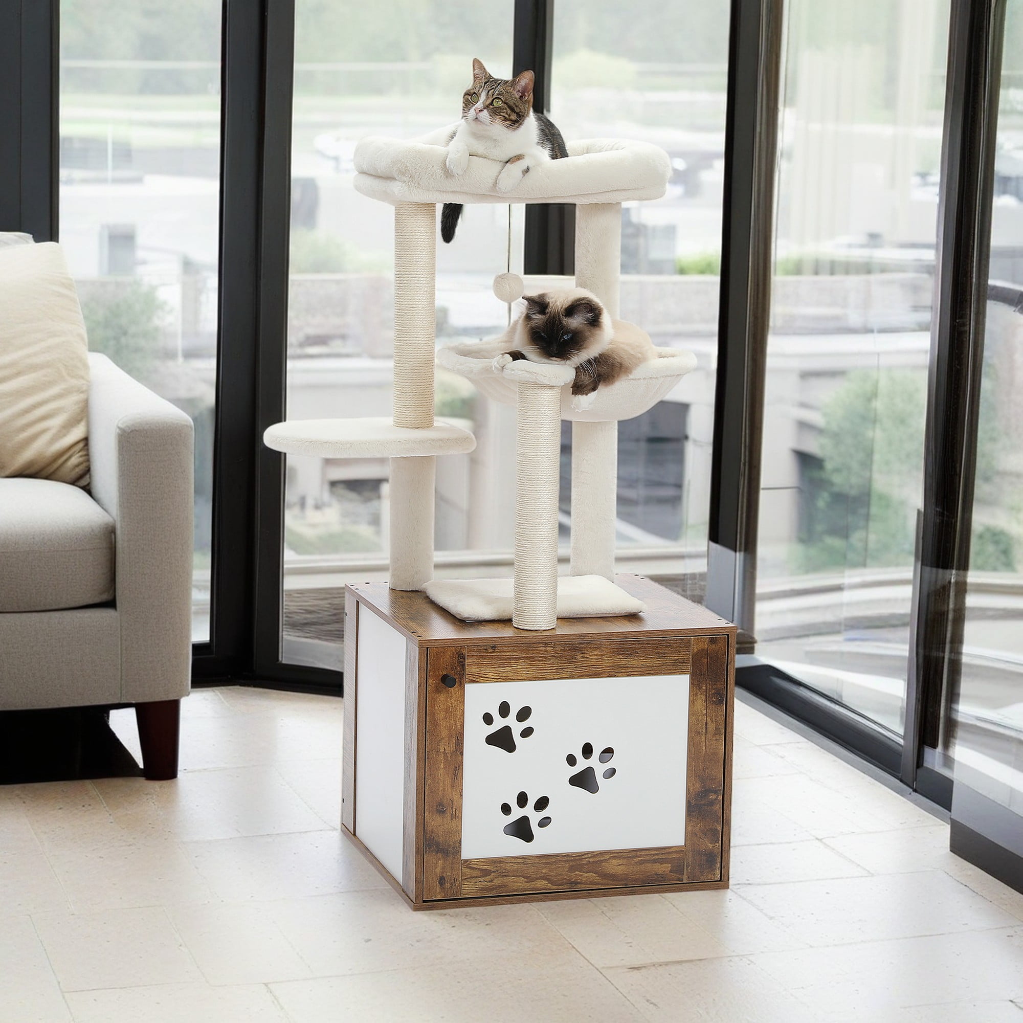 resenkos 46" Cat Tree Tower with Litter Box Enclosure, Wood Cat Condo with Hammock, Cat Scratching Posts, Removable Top Perch, Brown