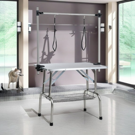 Demi Bonn 46" Dog Pet Grooming Table, Adjustable Arm Foldable Non-Slip Top, Rust-Proof, Waterproof, Warp-Free Trimming Table for Pets, Gray