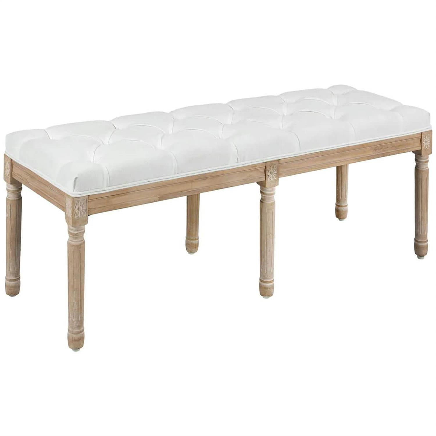 Demi Bonn 46" Luxe Linen Upholstered Bench, Thick Cushioned End of Bed Bench with Wooden Legs for Bedroom Seating, White