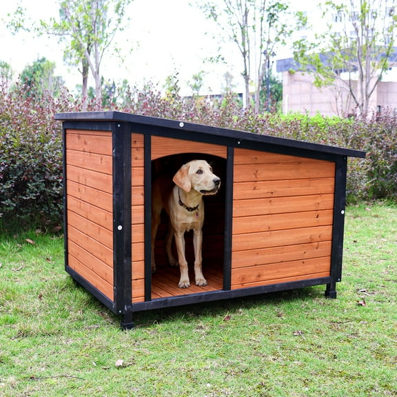 Demi Bonn 46" Outdoor Wooden Dog House for Large Dogs with Raised Feet, PVC Roof and Removable Floor Weatherproof Pet Cat House, Orange
