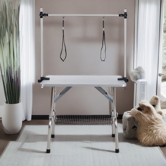 Demi Bonn 46" Pet Grooming Table for Large Dogs Adjustable Height Portable Trimming Table Drying Table w/Arm/Noose/Mesh Tray, Gray