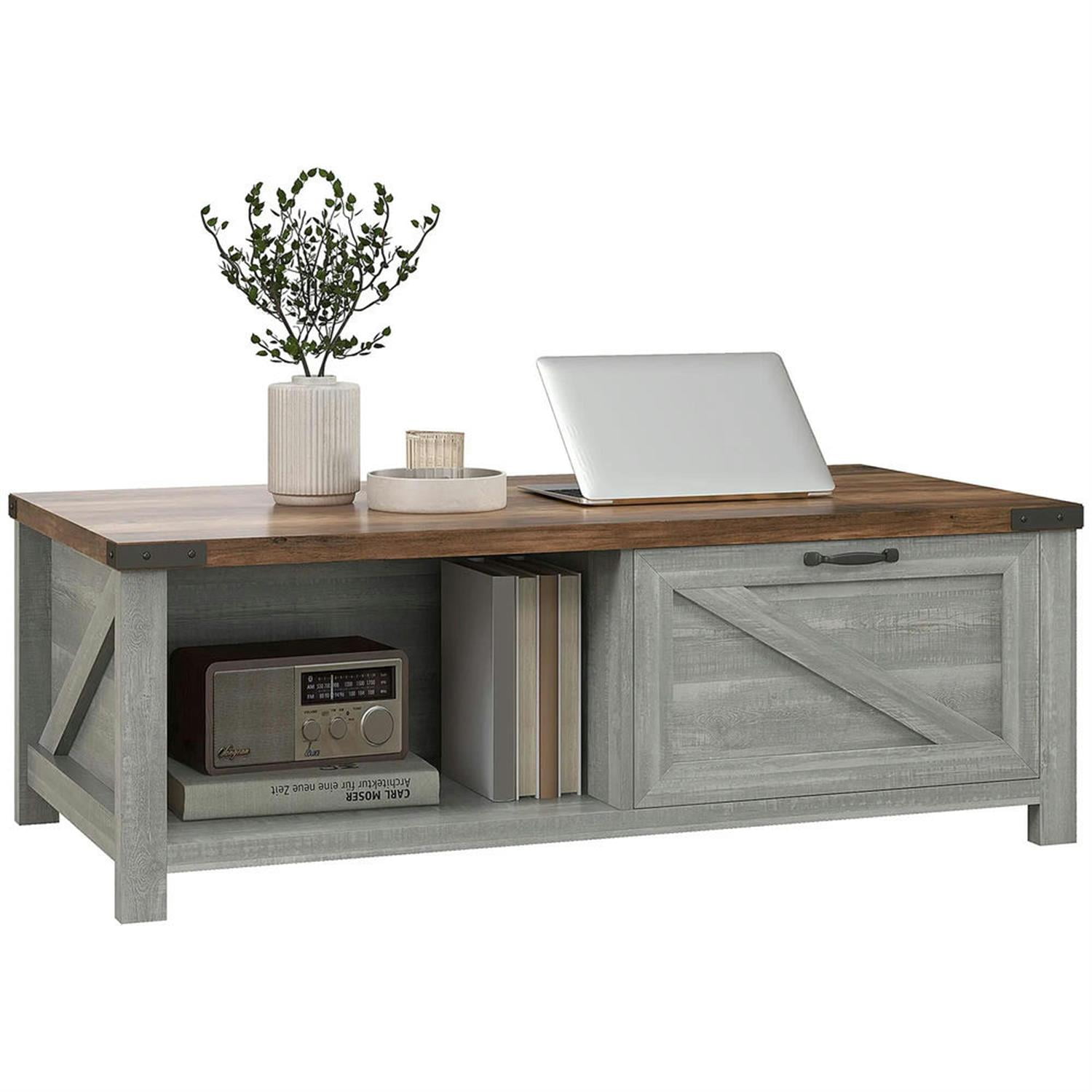 Demi Bonn 46" Rustic Coffee Table with Storage, Farmhouse End Table with Drawer & Open Shelf for Living Room, Space-Saving Console Table, Gray