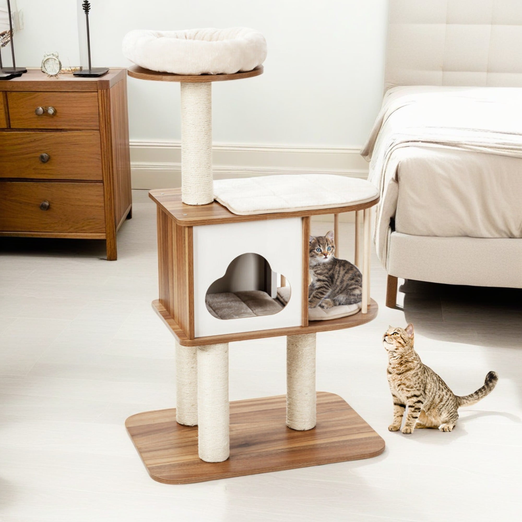 resenkos 46" Wood Cat Tree Tower Furniture, Cat Condo with Platform, Cushionsfor, Scratch Post for Kittens Cat Tree House, Brown