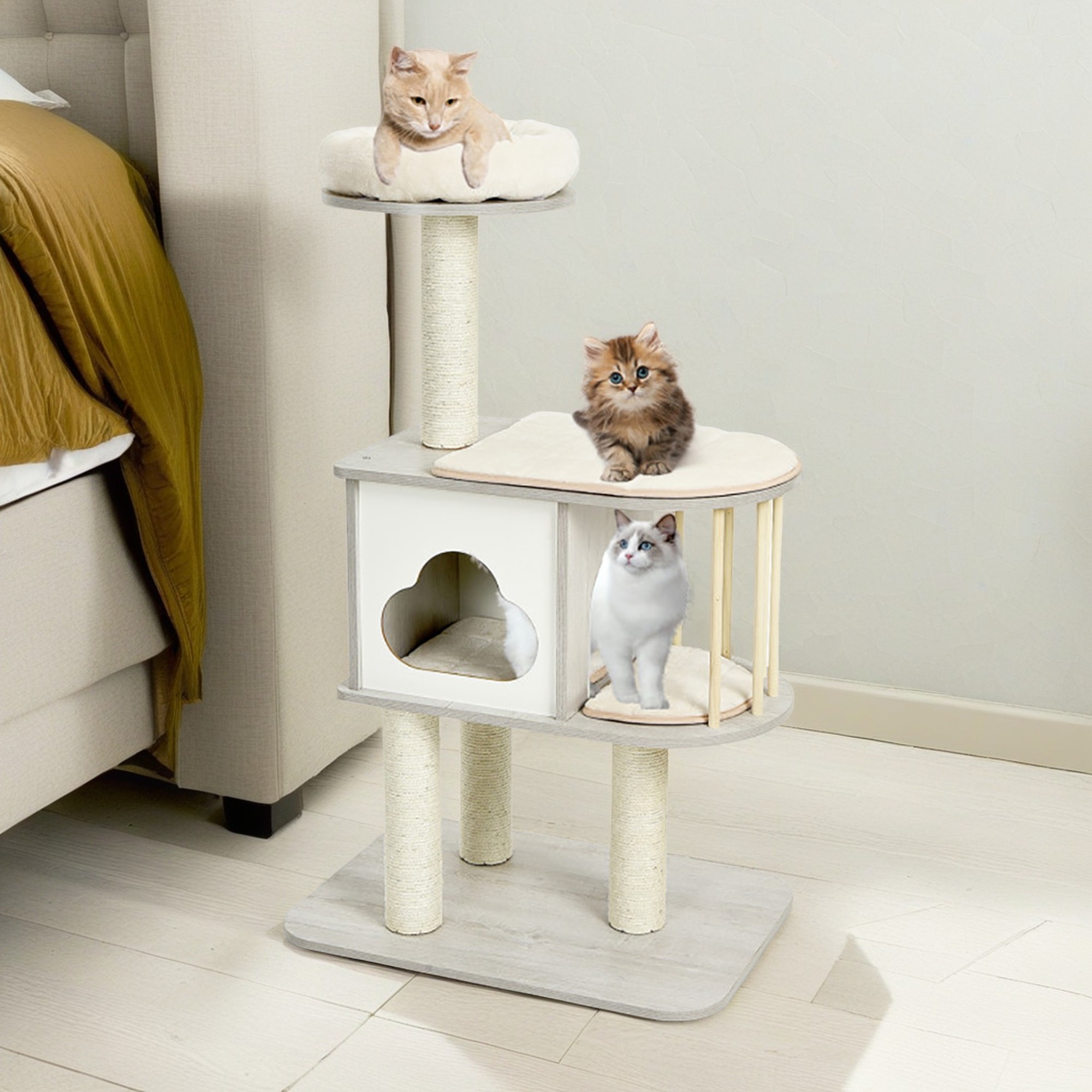 Kadyn 46" Wood Cat Tree Tower Furniture, Cat Condo with Platform, Cushionsfor, Scratch Post for Kittens Cat Tree House, Gray