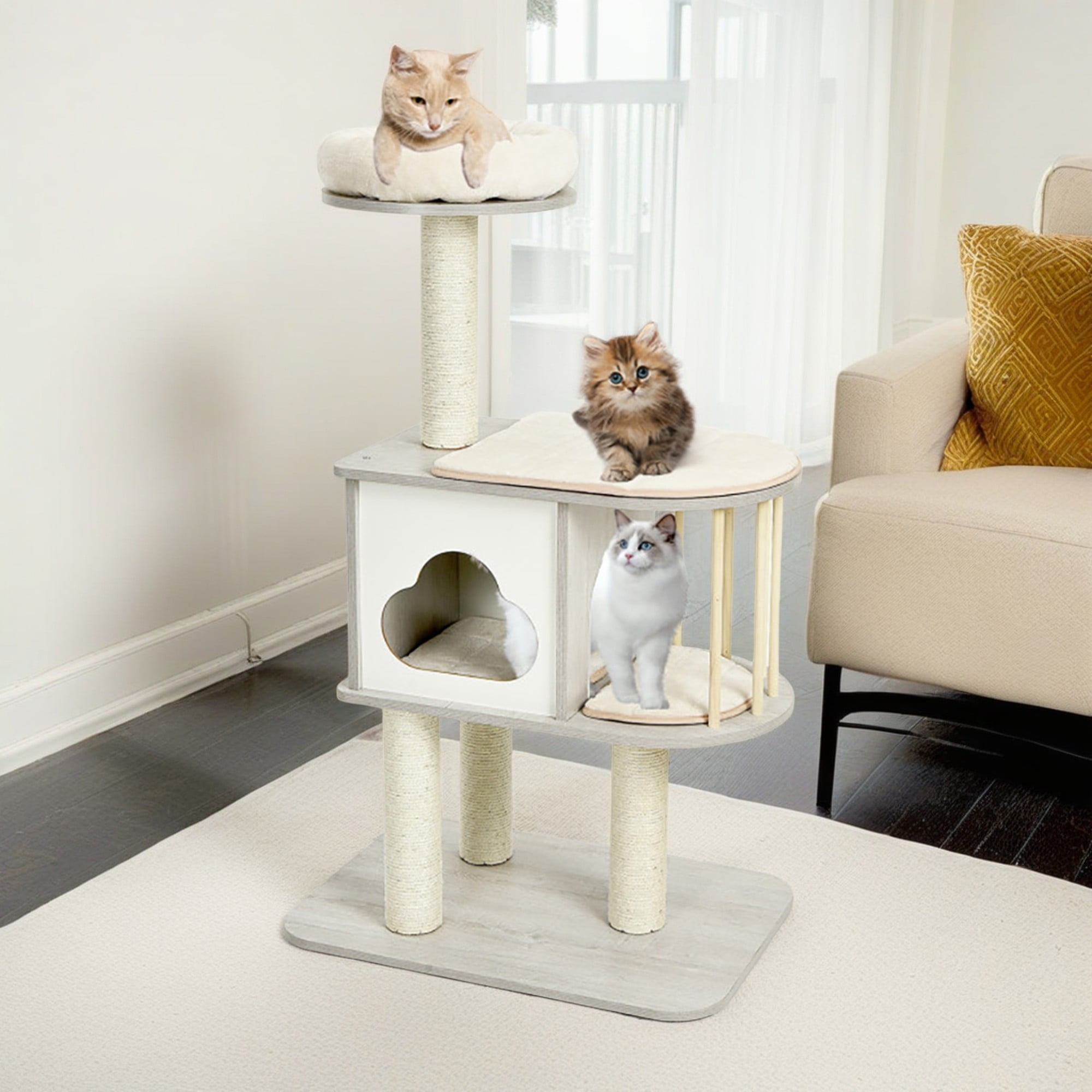 Kadyn 46" Wood Cat Tree Tower for Indoor Cats, Multi-Level Cat Condo with Scratching Posts, Washable Removable Cushions, Cat Tree House, Gray Kadyn 46" Wood Cat Tree Tower for Indoor Cats, Multi-Level Cat Condo with Scratching Posts, Washable Removable Cushions, Cat Tree House, Gray