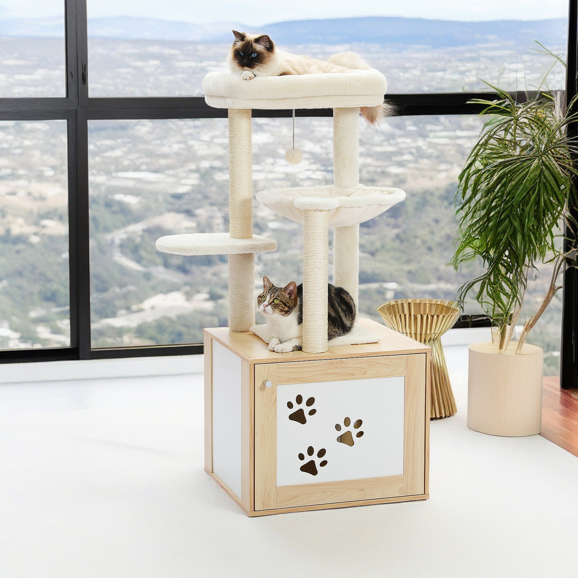 Kadyn 46" Wood Cat Tree Tower with Litter Box Enclosure, Cat Condo, Hammock, Cat Scratching Posts, Removable Top Perch, Beige Kadyn 46" Wood Cat Tree Tower with Litter Box Enclosure, Cat Condo, Hammock, Cat Scratching Posts, Removable Top Perch, Beige