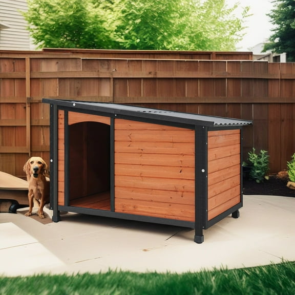 Demi Bonn 46" Wood Dog House for Large Dogs with PVC Roof and Removable Floor Outdoor Weatherproof Pet Cat House, Orange