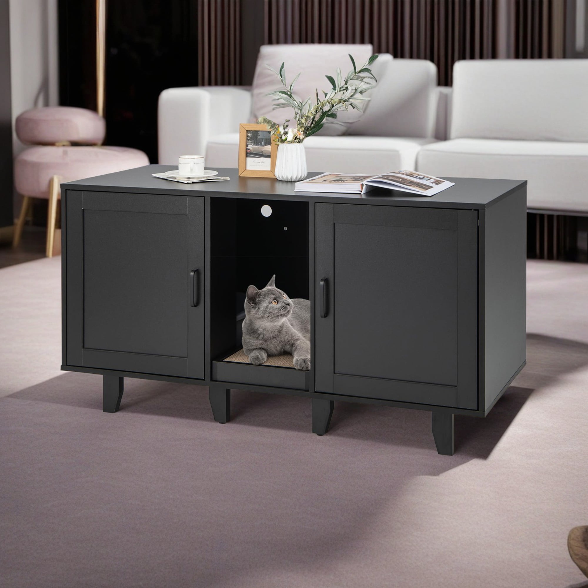 resenkos 47" 2-Door Cat Litter Box Enclosure with Winding Entry and Scratching Board, Hidden Cat House Washroom Furniture, Black