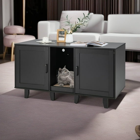 Demi Bonn 47" 2-Door Cat Litter Box Enclosure with Winding Entry and Scratching Board, Hidden Cat House Washroom Furniture, Black