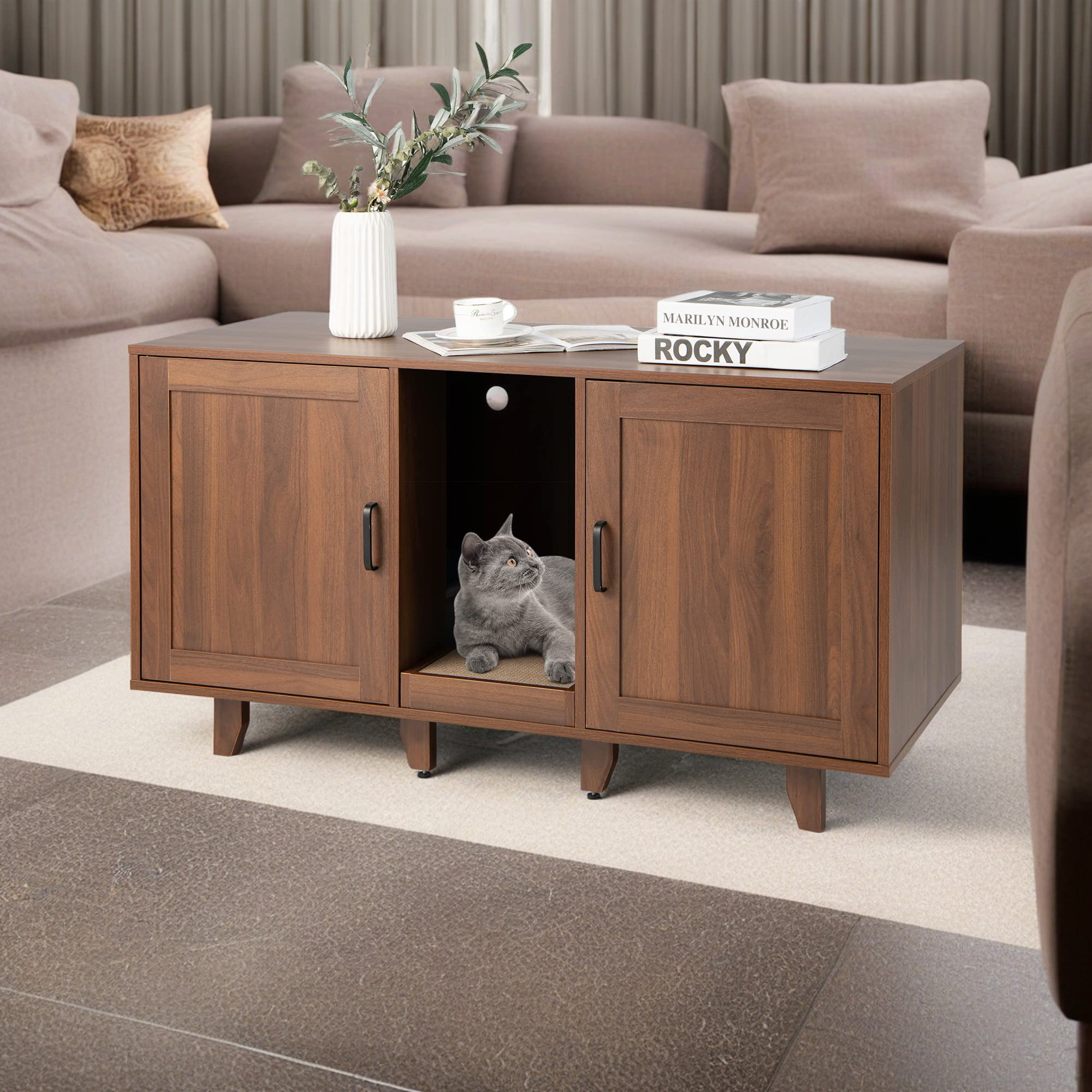 resenkos 47" 2-Door Cat Litter Box Enclosure with Winding Entry and Scratching Board, Hidden Cat House Washroom Furniture, Brown