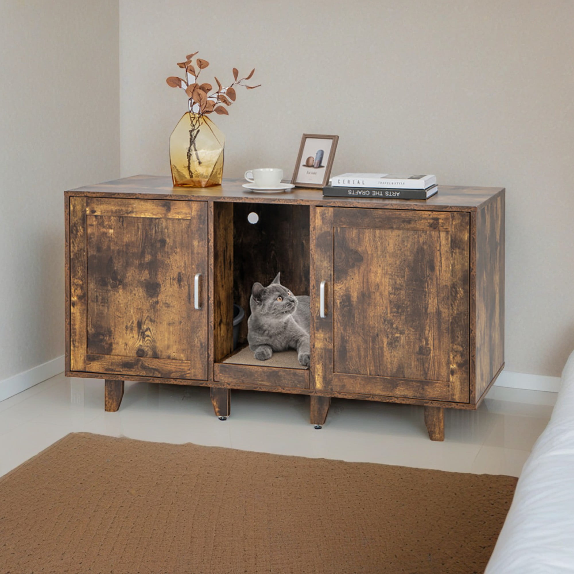 Kadyn 47" 2-Door Cat Litter Box Enclosure with Winding Entry and Scratching Board, Hidden Cat House Washroom Furniture, Dark Brown