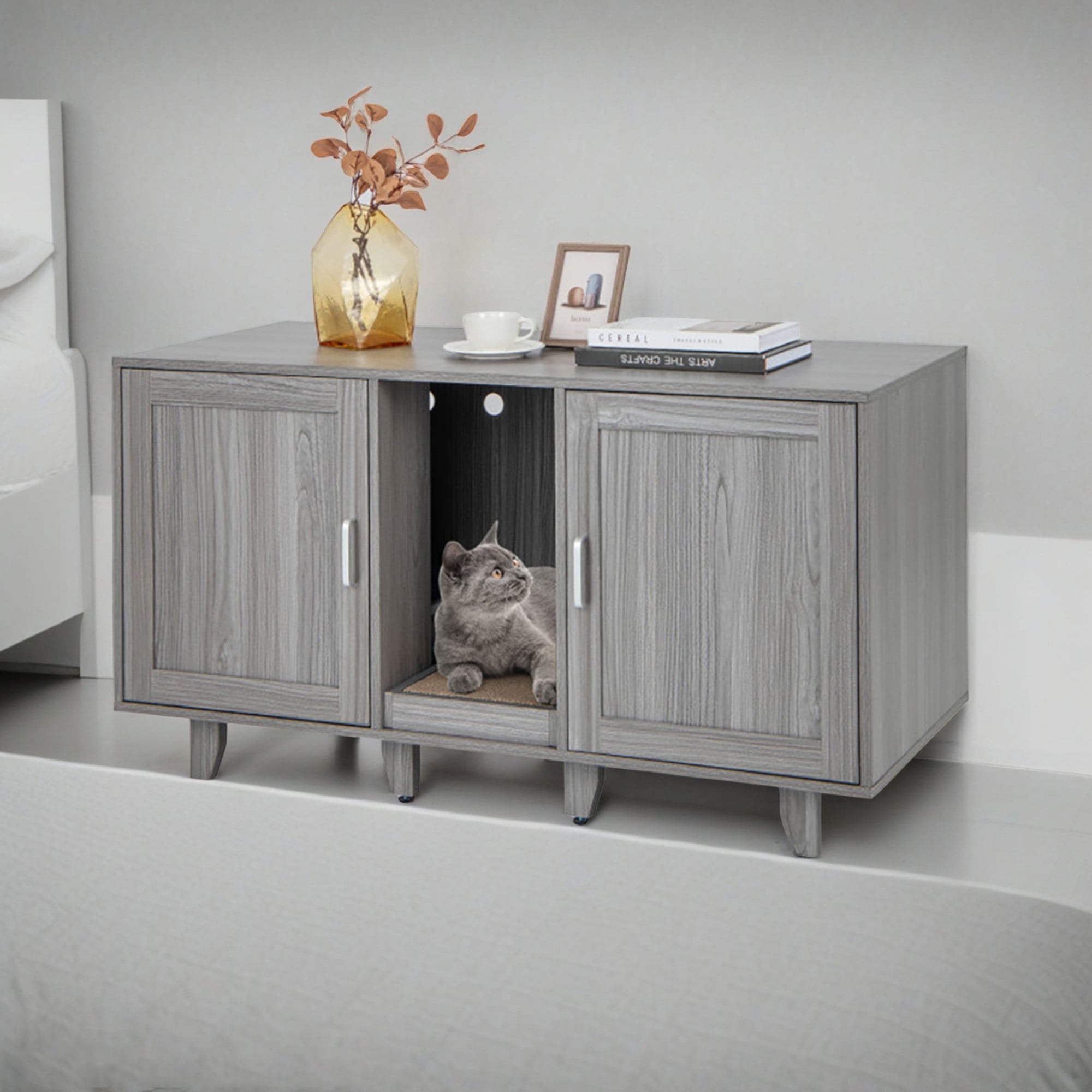 resenkos 47" 2-Door Cat Litter Box Enclosure with Winding Entry and Scratching Board, Hidden Cat House Washroom Furniture, Dark Gray