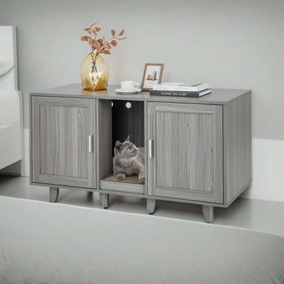 Demi Bonn 47" 2-Door Cat Litter Box Enclosure with Winding Entry and Scratching Board, Hidden Cat House Washroom Furniture, Dark Gray