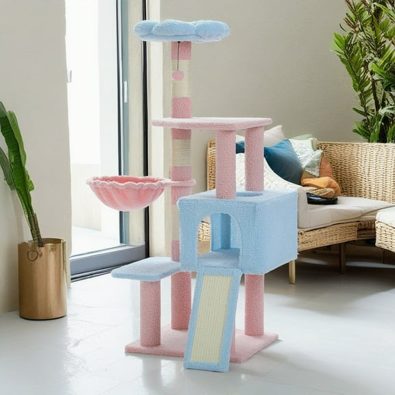 Demi Bonn 47" Cat Tree House for Indoor Cats, Cat Condo with Sisal Scratching Posts, Cat Tower with Pink Top Perch for Kittens, Blue