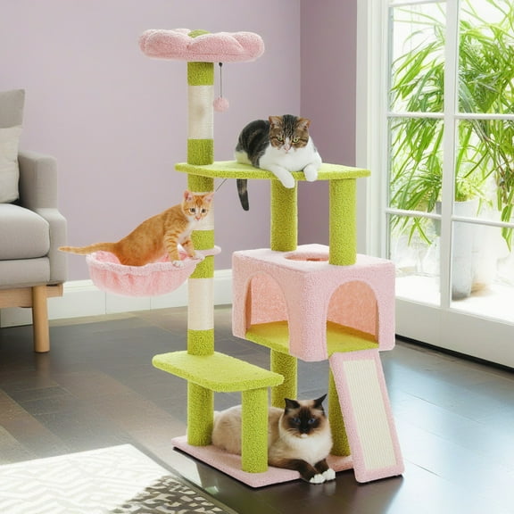 Demi Bonn 47" Cat Tree House for Indoor Cats, Cat Condo with Sisal Scratching Posts, Cat Tower with Pink Top Perch for Kittens, Pink