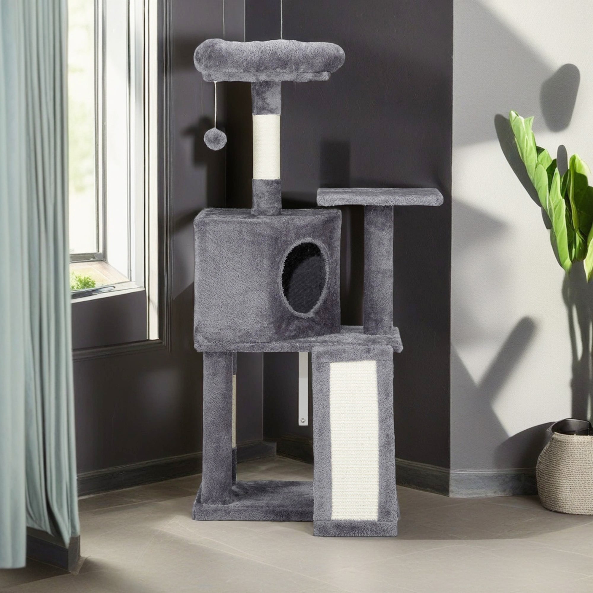 resenkos 47" Cat Tree Tower for Indoor Cats, Cat House with Padded Platform Bed, Toy Balls, Large Cozy Condo, Sisal Scratching Board, Gray