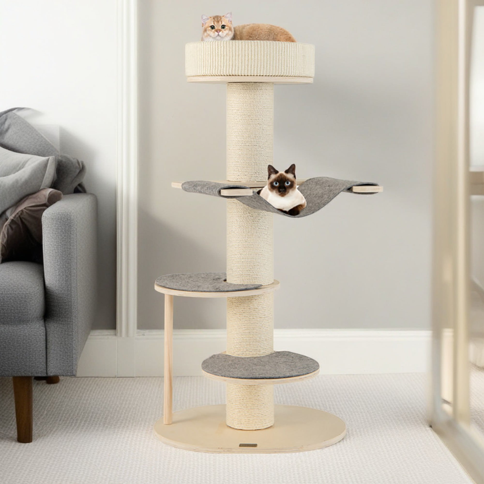 Kadyn 47" Cat Tree Tower with Thickened Sisal Scratching Posts, 4-Tier Cat Condo with Hammock, Beige