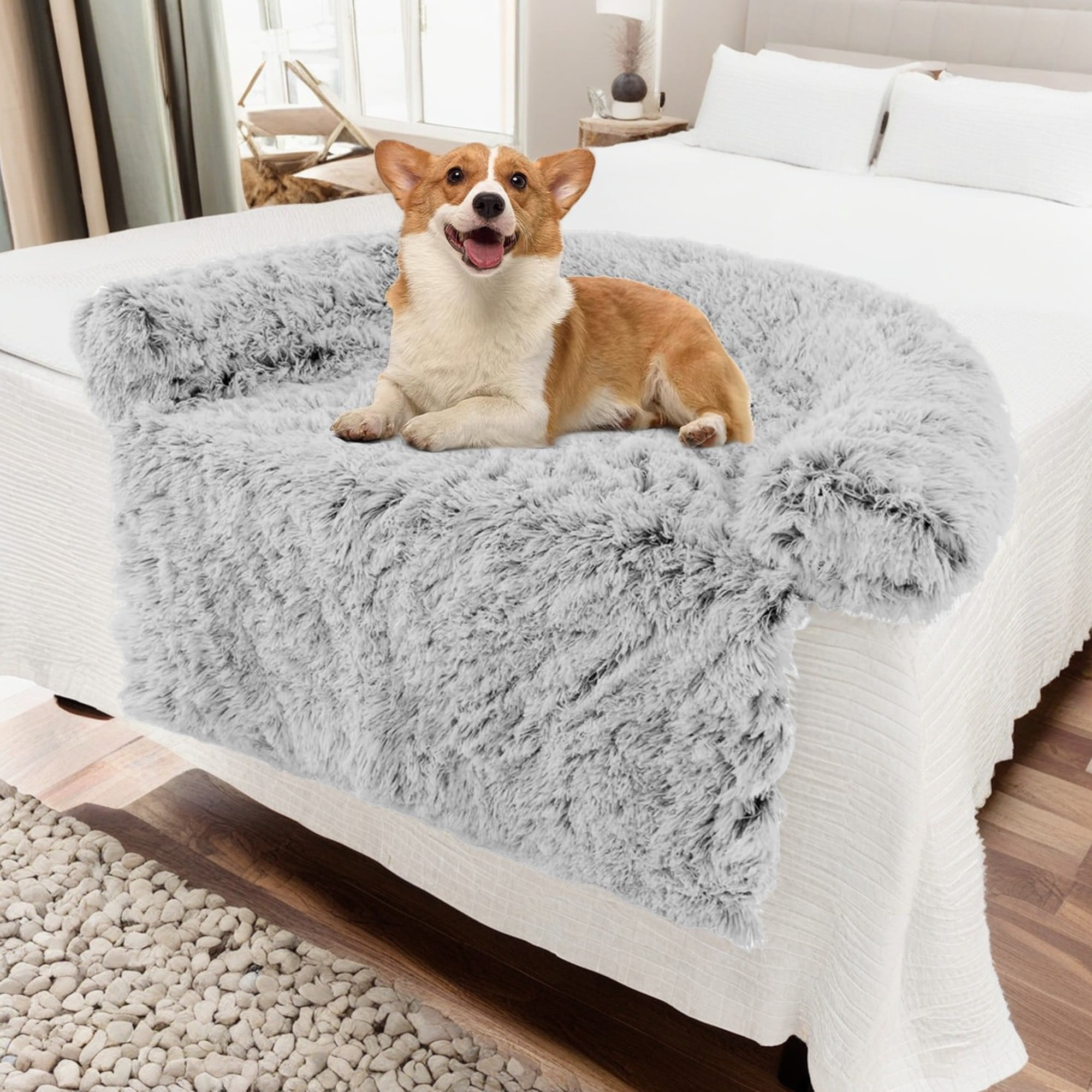 resenkos 47" Dog Bed for Couch, Calming Dog Beds for Large Dogs, Fluffy Plush Bed for Pets, Anti Anxiety Dog Bed with Removable Cover, Grey-L