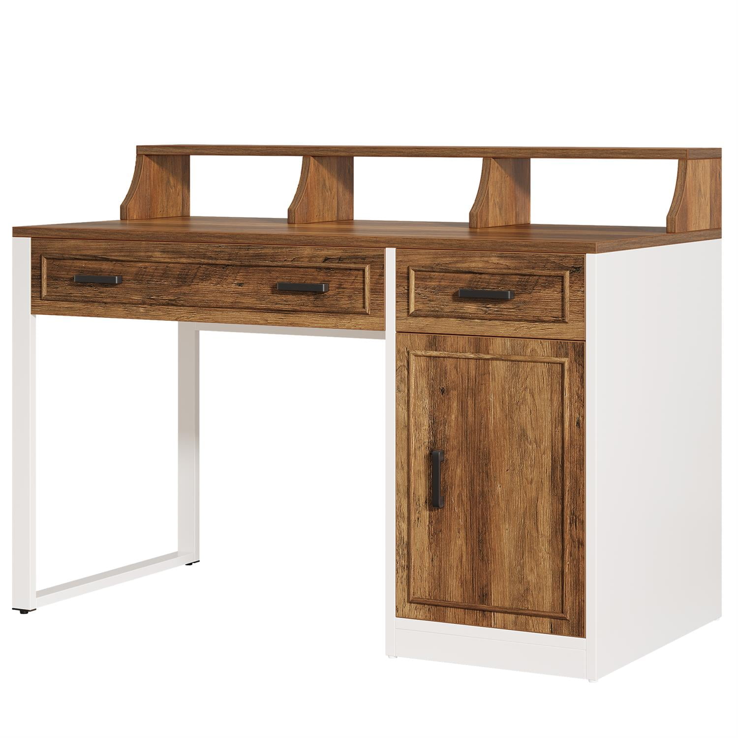 Demi Bonn 47" Executive Desk with Matching Hutch, Home Wooden Office Desk Furniture, Space-Saving Workstation, Brown