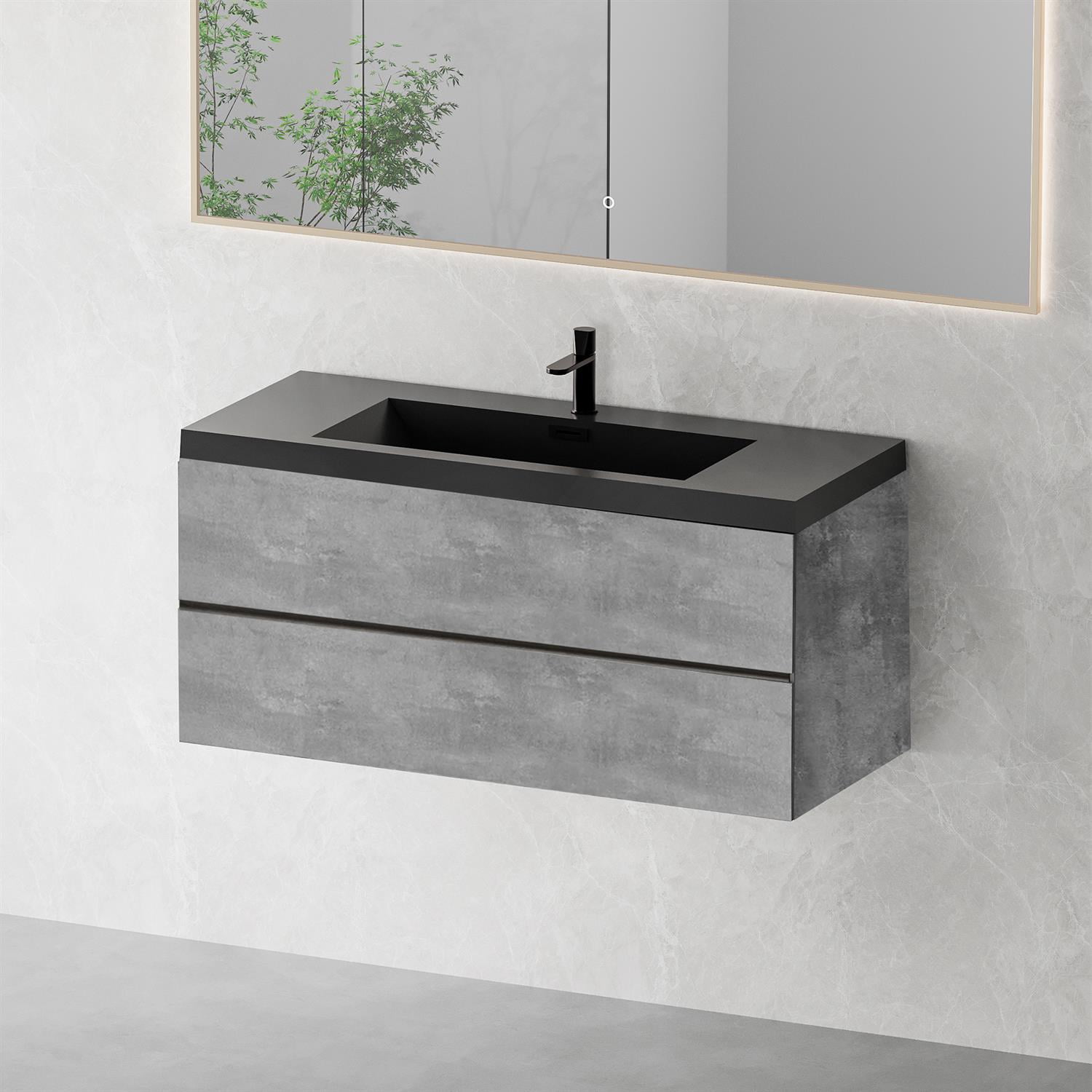 Demi Bonn 47" Floating Bathroom Vanity with Sink, Black Quartz Sand Top Basin and 2 Soft Close Drawers, Faucets and Drains Not Included, Gray