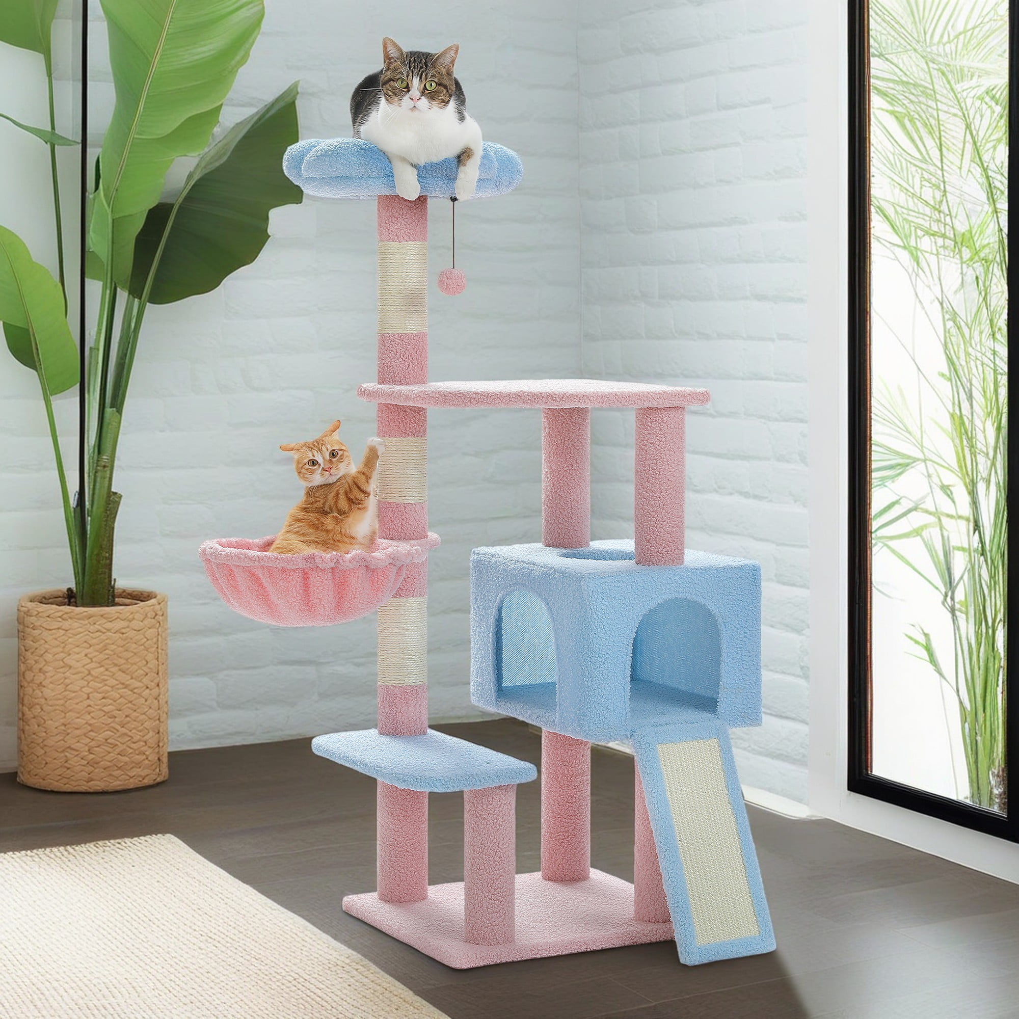 Kadyn 47" Flower Cat Tree Tower for Indoor Cats, Cat Condo with Pink Top Perch for Kittens, Cat Tree House with Sisal Scratching Posts, Blue
